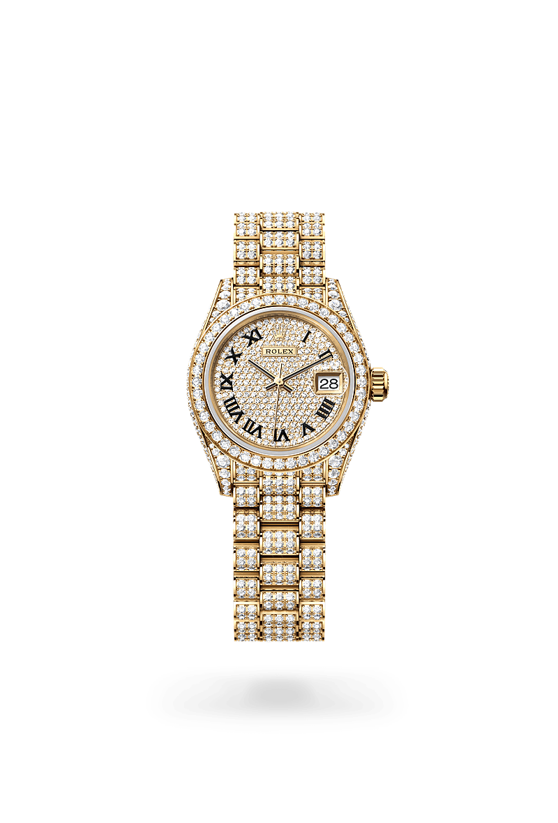 Rolex Lady-Datejust in 18 ct yellow gold with case sides and lugs set with diamonds, M279458RBR-0001 at Prestons